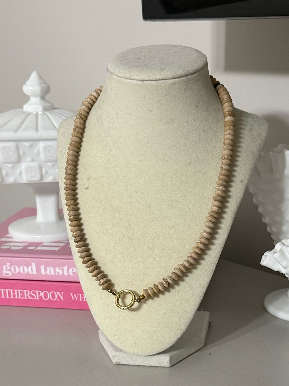 Allie + Bess Neutral Beaded Necklace with Gold charm ring